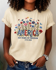 100% Cotton America 250 Years USA Floral Crew Neck Short Sleeve Tshirt
