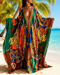 Gye Nyame Canvas Print Off-shoulder V-neck Long Kaftan Dress