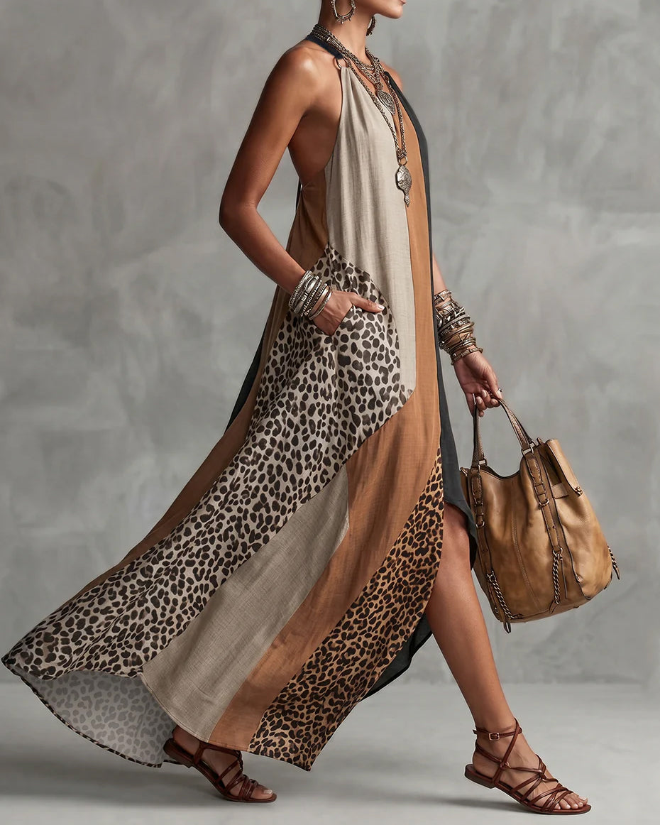 Loose Sleeveless Asymmetric Contrast Color Leopard Pockets Split-Joint Halter-Neck Maxi Dresses