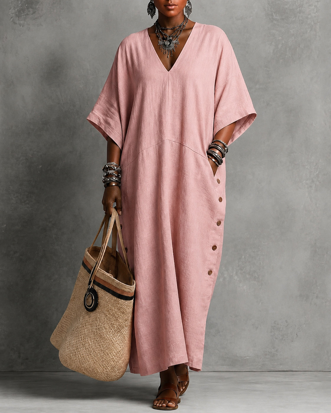 V-neck Solid Color Loose Dress