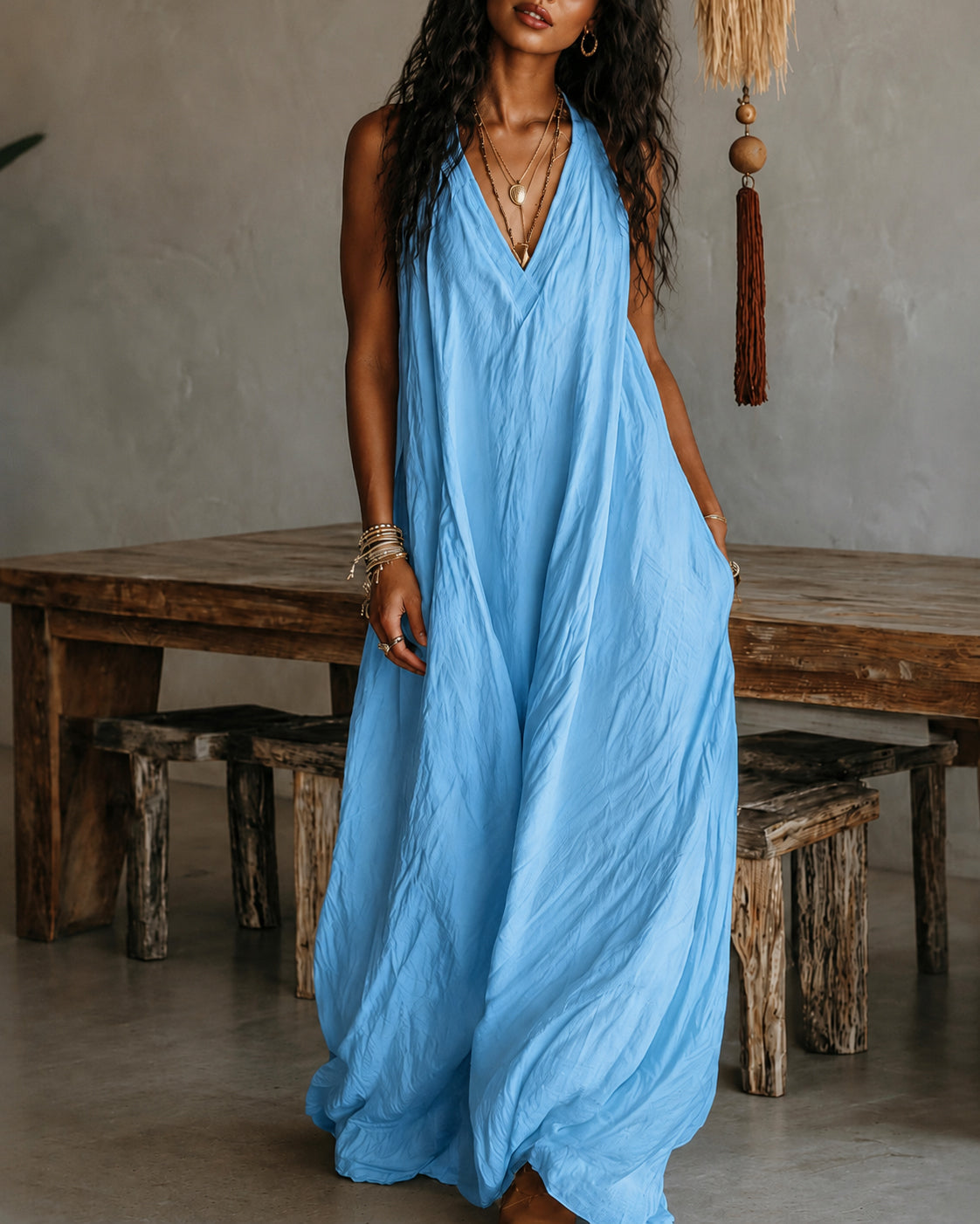 V-neck Sleeveless Solid Color Loose-fitting Maxi Dress