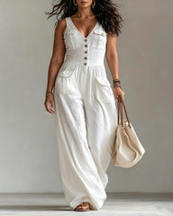 V-neck Sleeveless Wide-leg Jumpsuit with Pockets