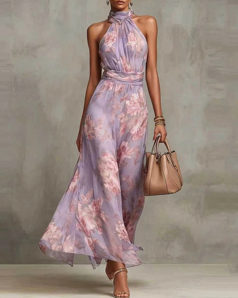 Chiffon Flowers Sleeveless High Waist Floral Print Maxi Dress