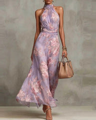 Chiffon Flowers Sleeveless High Waist Floral Print Maxi Dress