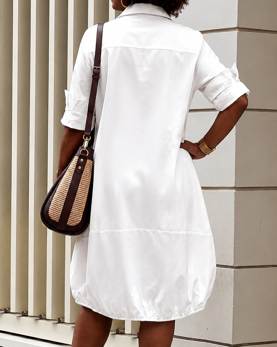 Solid Color Long Sleeves Loose Buttoned Pockets Lapel Midi Dresses