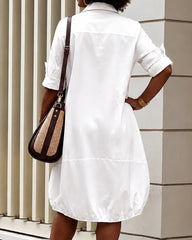 Solid Color Long Sleeves Loose Buttoned Pockets Lapel Midi Dresses