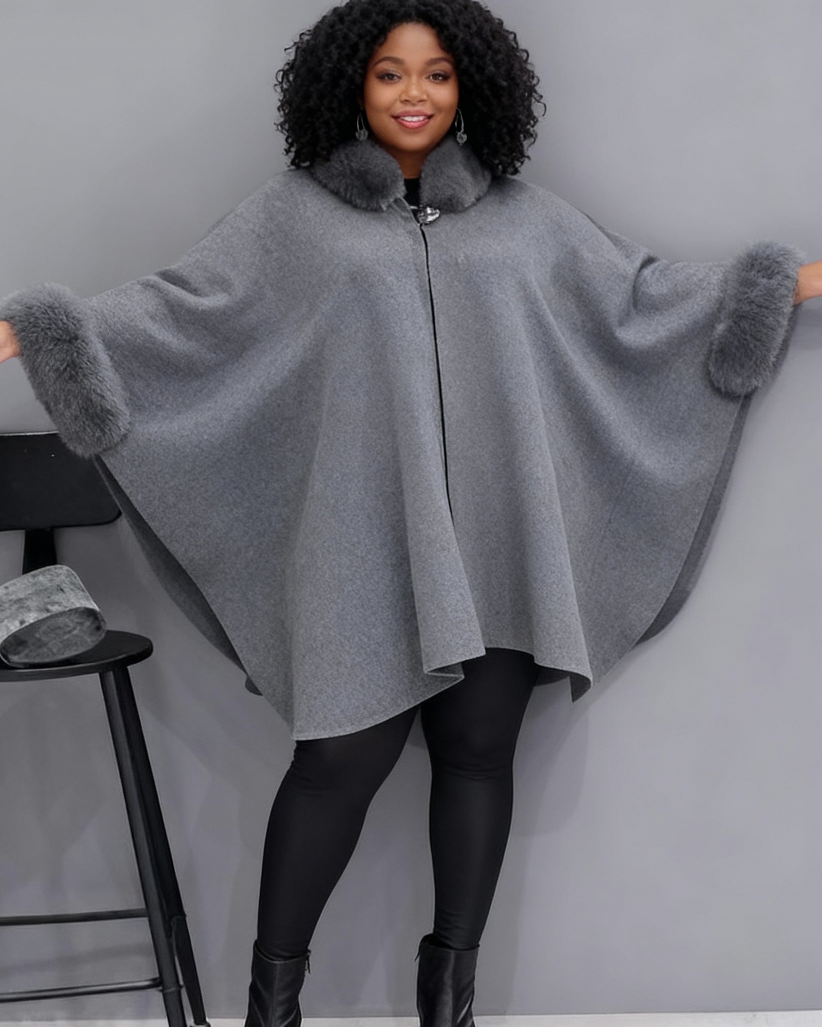 Autumn-Winter Hepburn-Style Wool Cape Coat (Rabbit Fur Collar) | Perfect for Self & Gift for BFF/Sister/Family