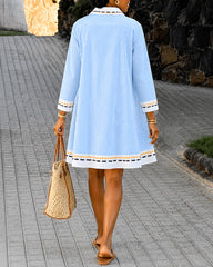 Blue Striped Hawaiian Stand-up Collar Short-sleeve Casual Mini Dress