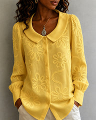 Peter Pan Collar Long Sleeve Embroidered Button Down Shirt