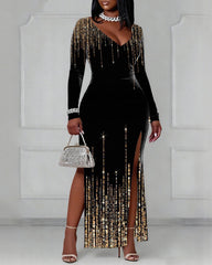 V-neck Women's Party Wear Sequin Printed Long Sleeve Bodycon Dress