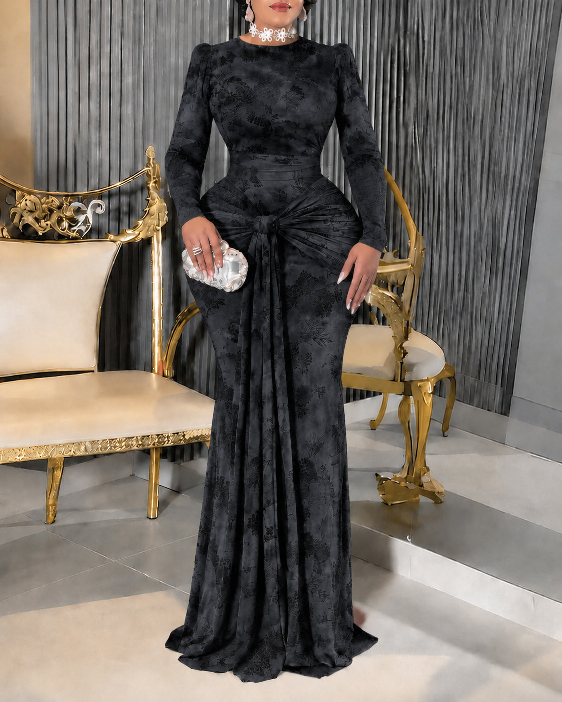 Elegant Floral Printed Long Sleeve Mermaid Maxi Dress