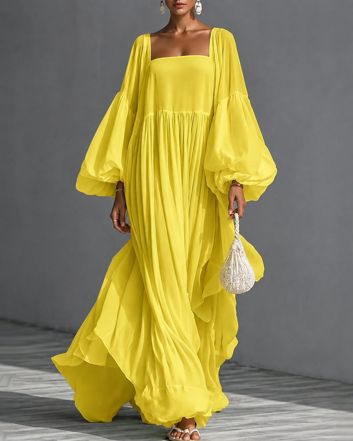 Square Neck Balloon Sleeve Chiffon Maxi Dress