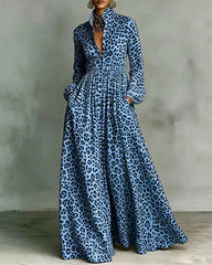 Long Sleeves Buttoned Contrast Color Leopard Pleated Pockets Lapel Maxi Dresses