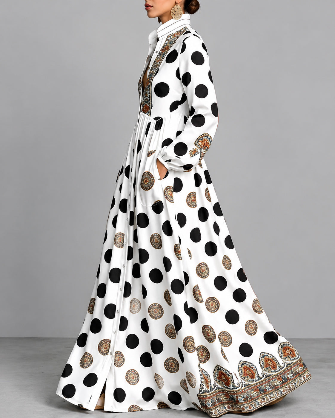 High Waisted Long Sleeves Big Hemline Buttoned Contrast Color Pleated Pockets Polka-Dot Stand Collar Maxi Dresses