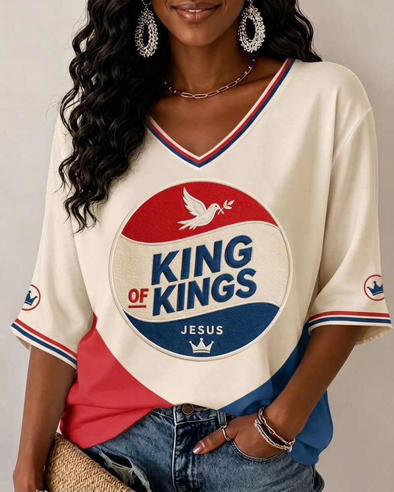 Christian Jesus King Of Kings Print V-neck Half Sleeved Loose Top