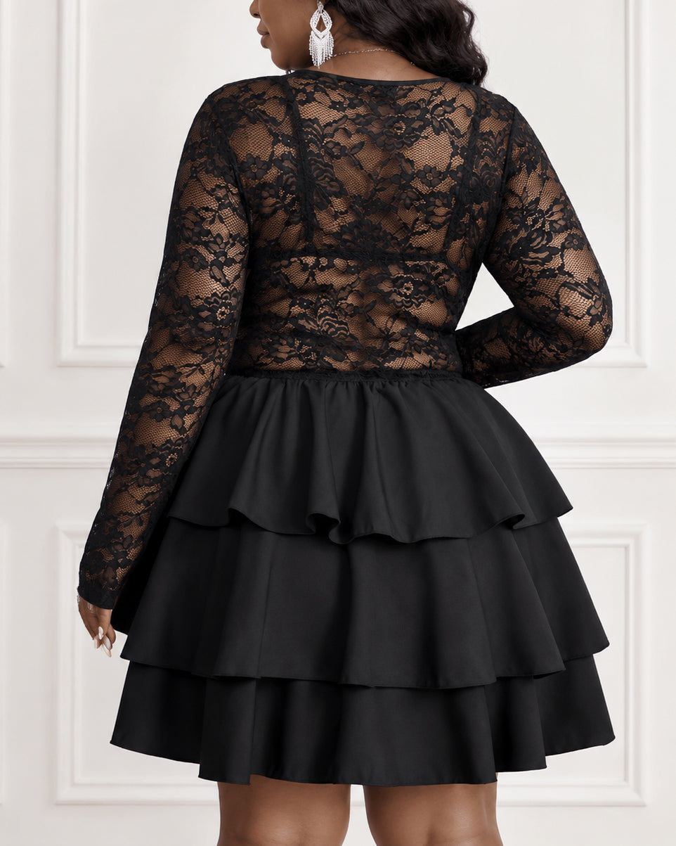 Plus Size Black Lace Long Sleeve Mini Dress