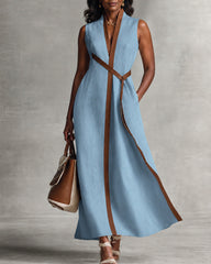 Women's Color Block Sleeveless Stand Collar Linen Blend Dress