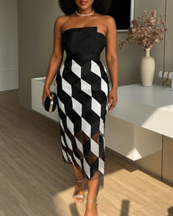 Sexy Tube Top and Backless Rhombus Contrast Midi Dress