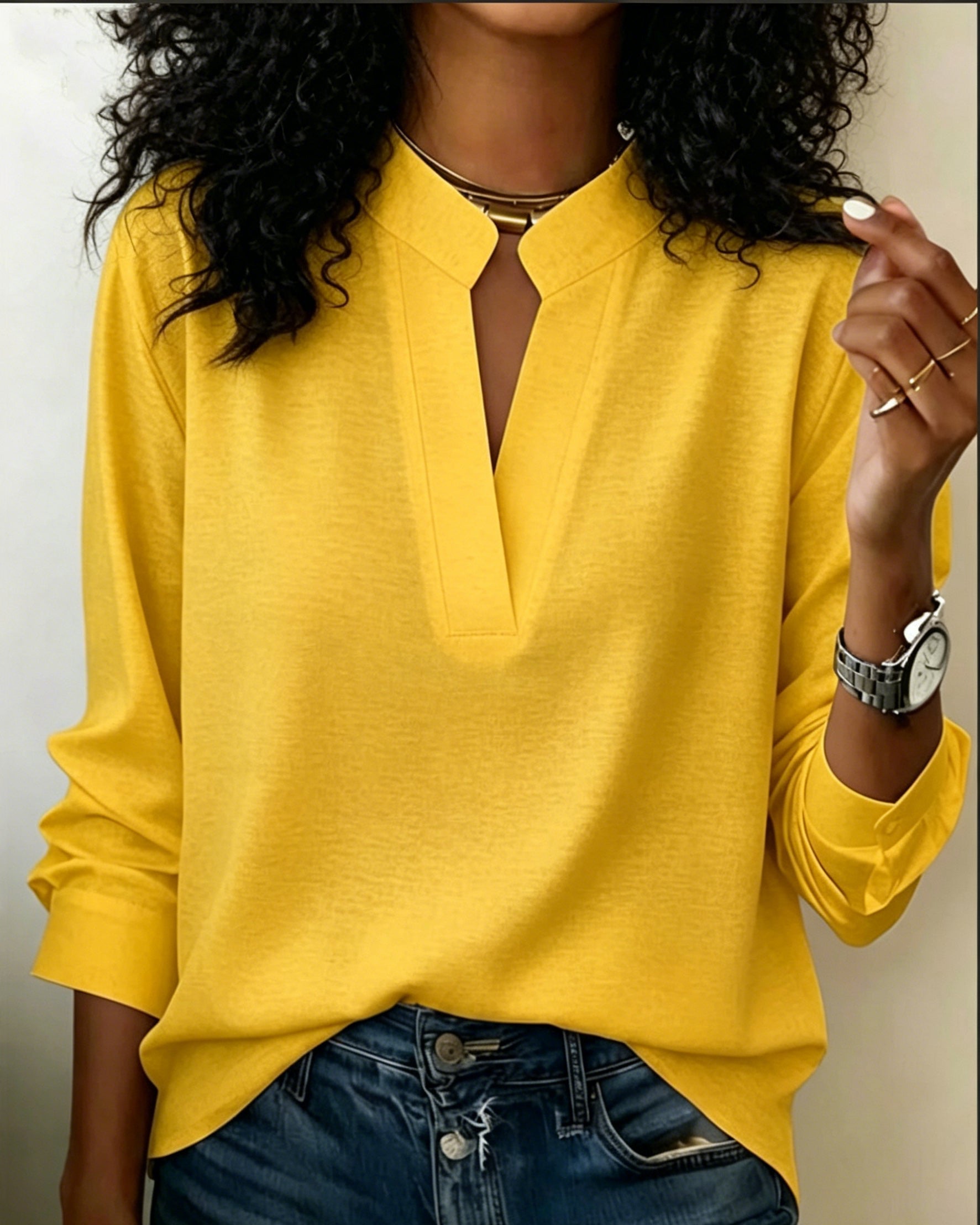 Solid Color Minimalist V-Neck Cotton Shirt