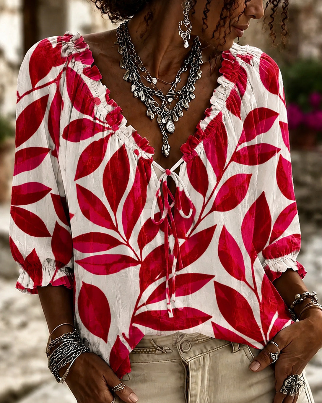 Red Leaf Print Lace Up Blouse