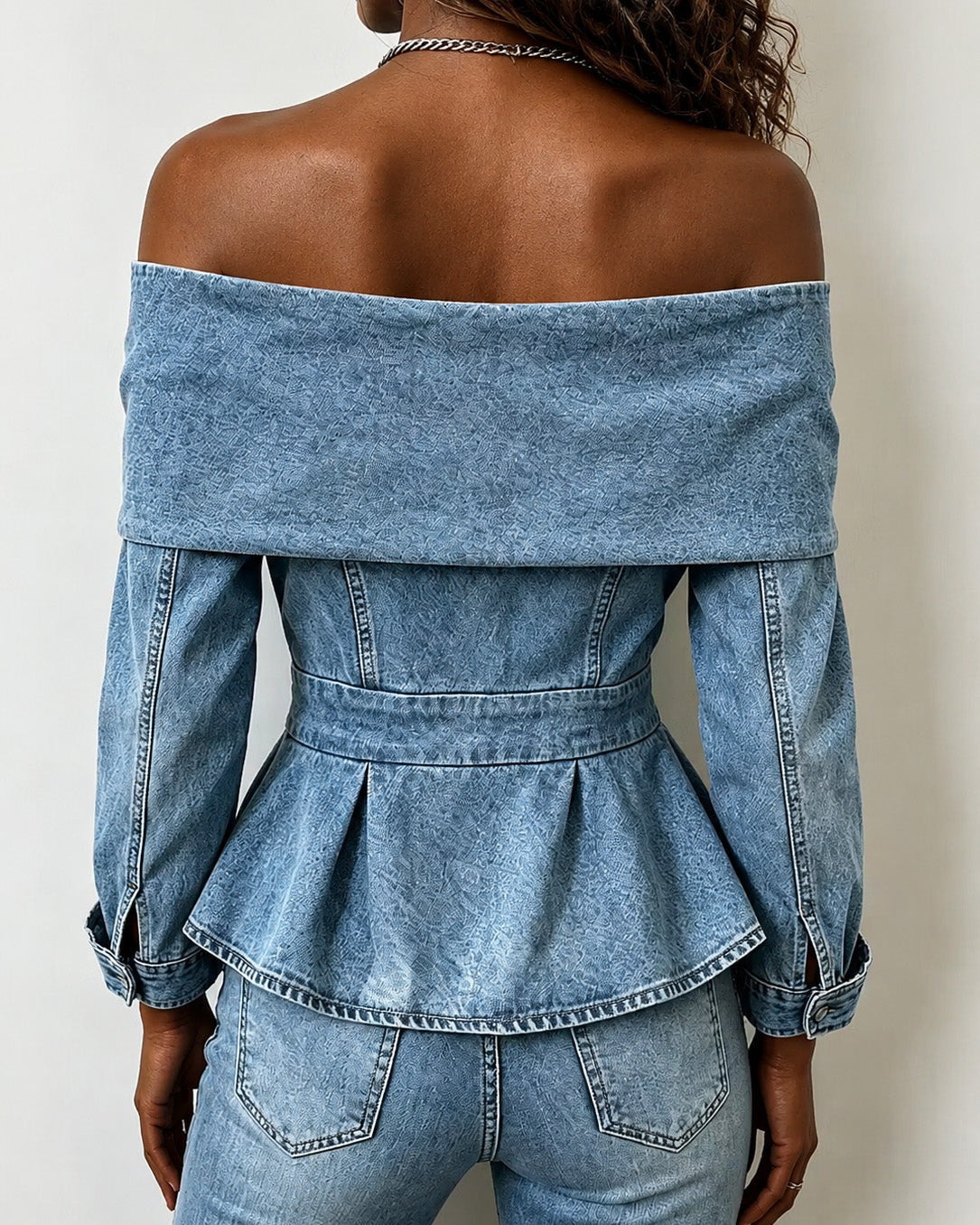 Off-the-shoulder Denim Ruffled Fishtail Floral Denim Top