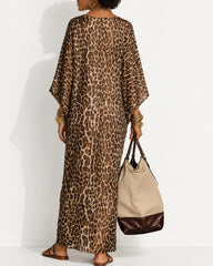 V-Neck Batwing Sleeves Ruched Waist Leopard Print Maxi Dress