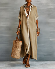 Button-down Collar Striped Color-blocked Cotton Linen Shirt Dress