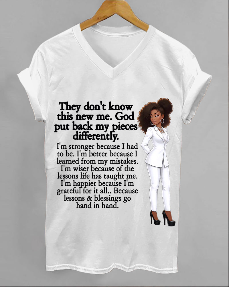 100% Cotton God Put Back My Pieces Differently  V Neck Short Sleeve Tshirt