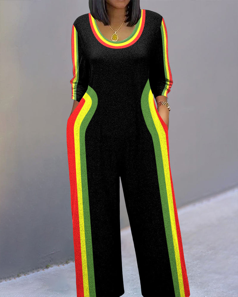 Reggae Stripe Crew Neck Straight-Leg Side Pockets Jumpsuit