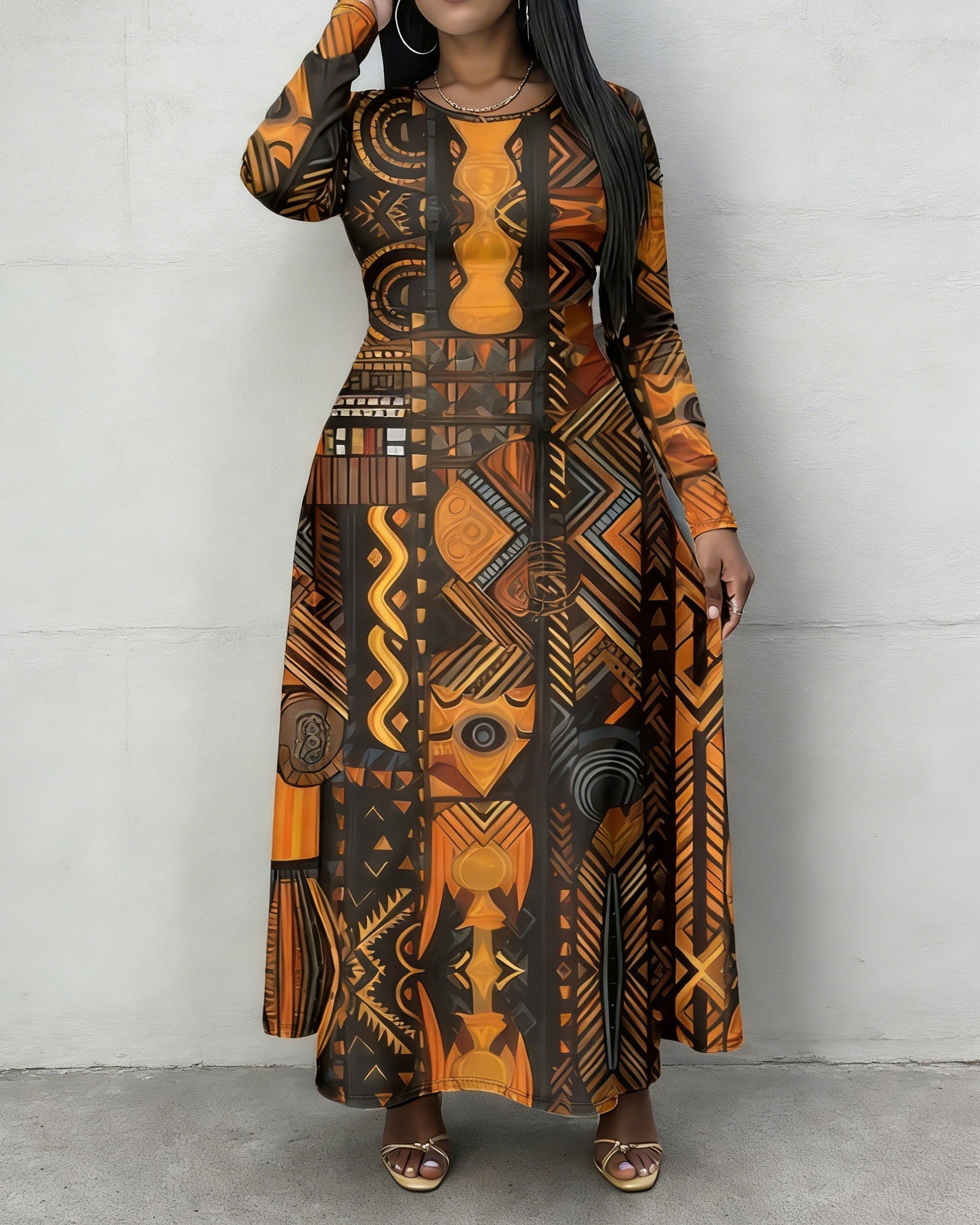 Geometric Totem Tribal Prints Crewneck Long Sleeve Pocket Dress