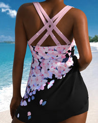 Drawstring Floral Print Pink Tankini Set