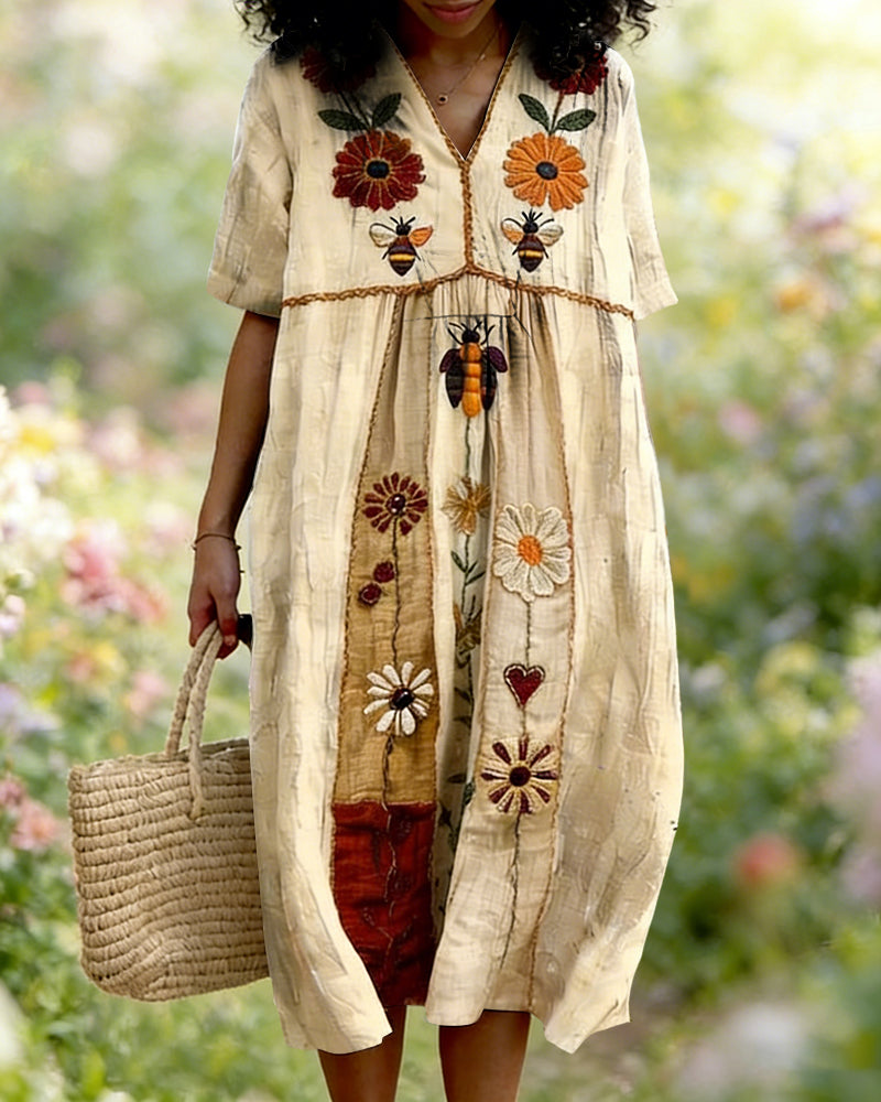 Cotton and Linen Sunflower Flower Bee V-neck Dress
