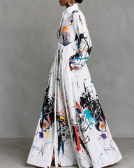 Abstract Graffiti Art Long Sleeves Buttoned Pleated Pockets Maxi Dresses Shirt Dress