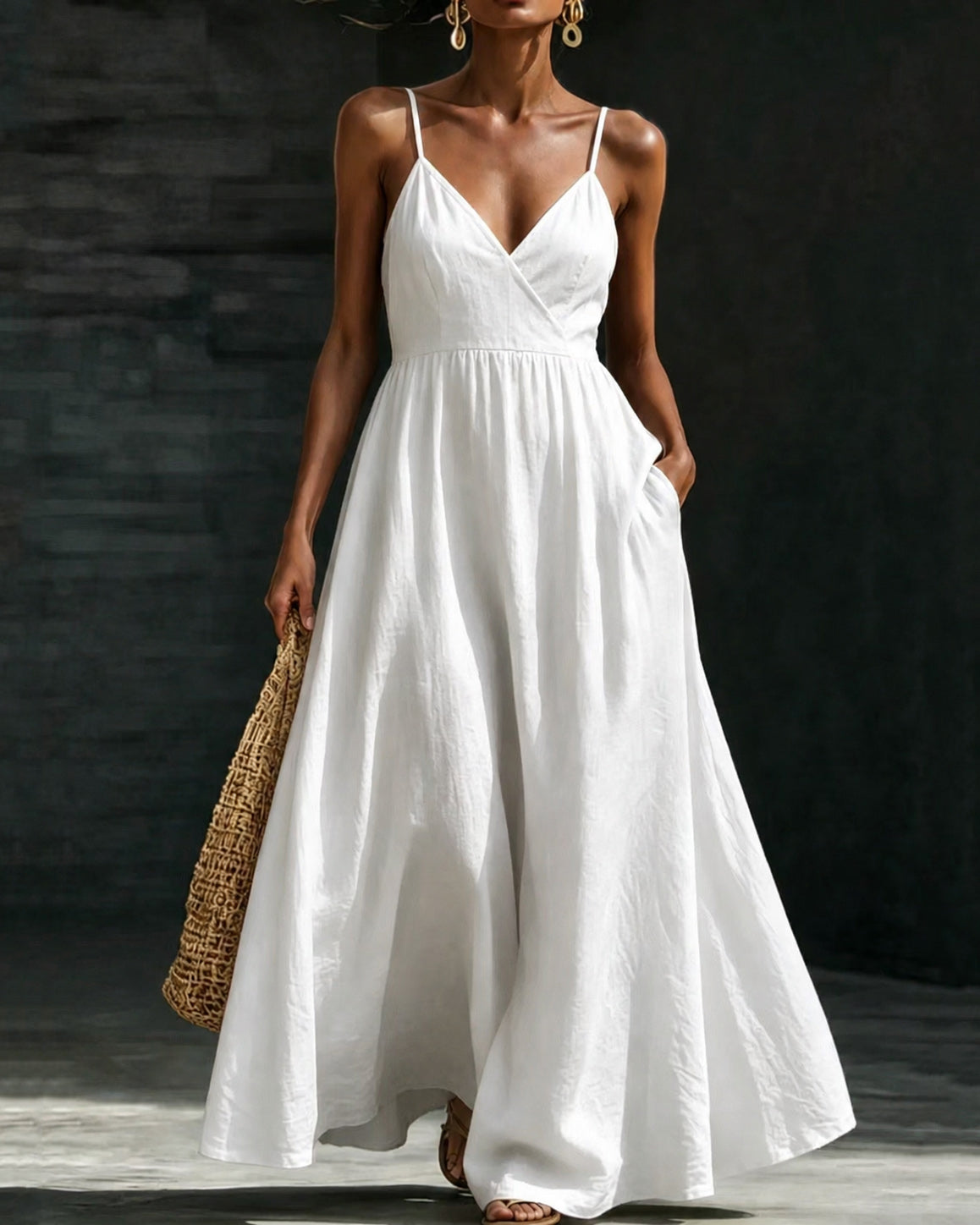V‑neck Camisole High‑waisted Maxi Dress with Pockets