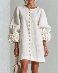 Linen Blend Flowers Button Down Floral Cuffs Half Sleeve Mini Dress