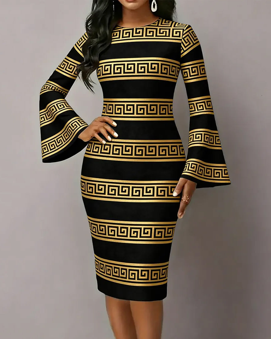 Gold Geometric Stripe Print Flared Sleeves Mini Dresses