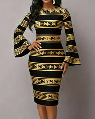 Gold Geometric Stripe Print Flared Sleeves Mini Dresses