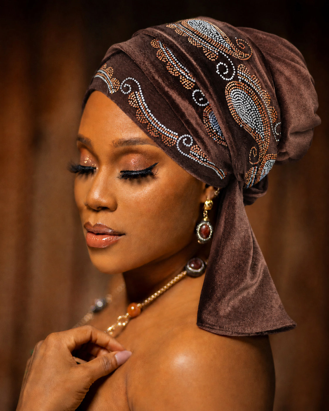 Rhinestone Velvet Cross Front Turban Hat