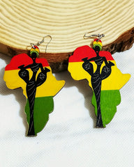 African Geometric Map Black History Month Color Wooden Earrings
