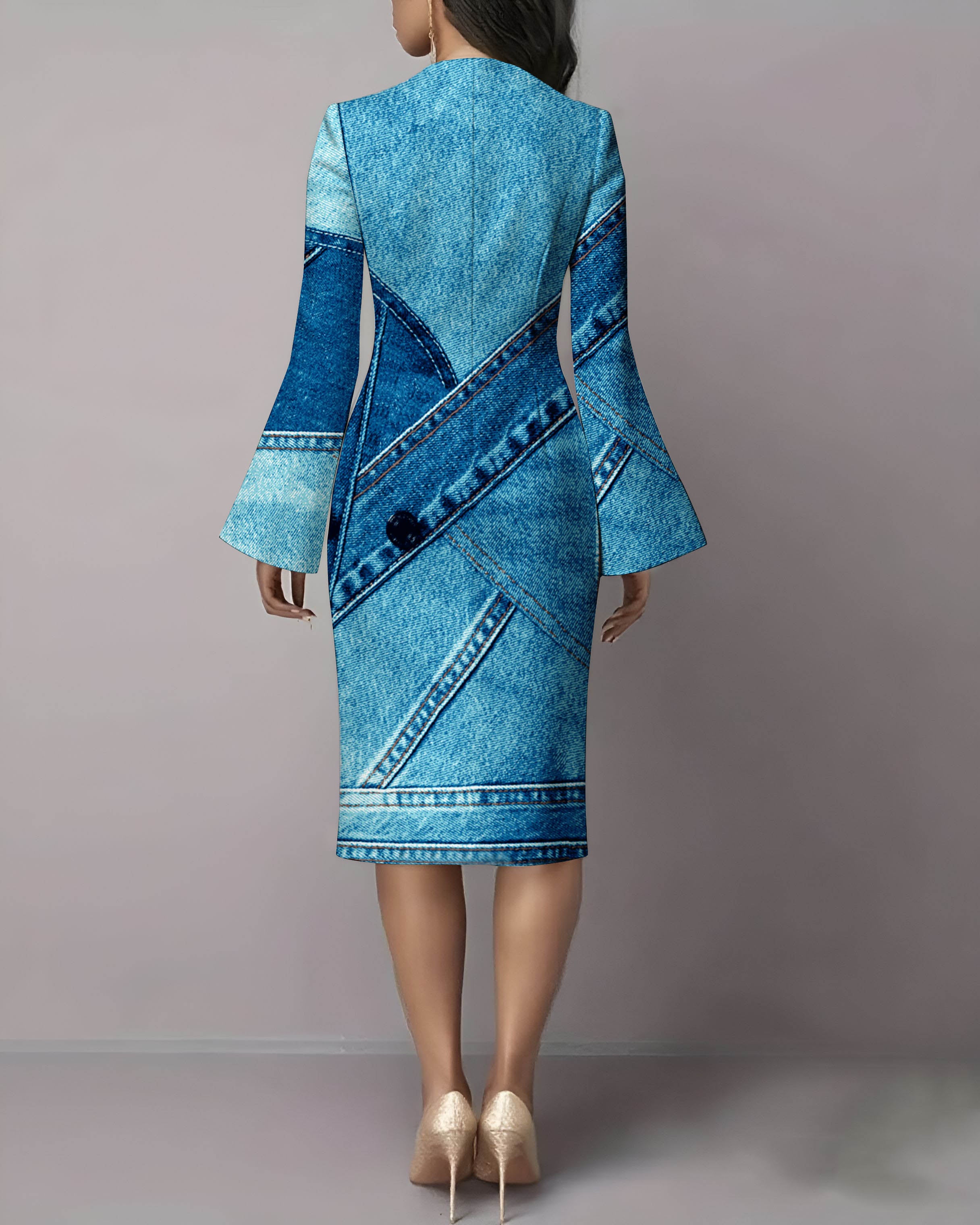 Denim Patch Print Flared Sleeves Midi Bodycon Dresses