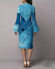 Denim Patch Print Flared Sleeves Midi Bodycon Dresses