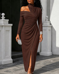 Solid color One-shoulder Draped Asymmetrical Maxi Dress