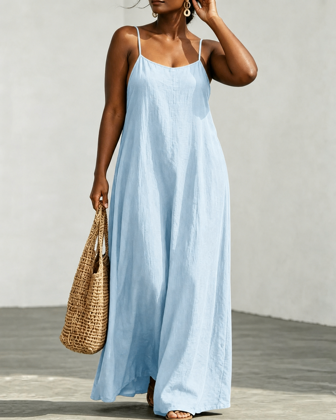 Solid Color Linen Cotton Cami Maxi Dress With Pockets