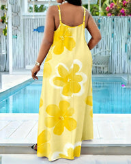 Sling Large Yellow Flowers In Summer Print Pocket Maxi Dress