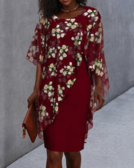 Floral Print Chiffon 2-Piece Set Crew Neck Mini Dress