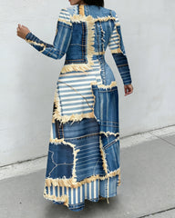 Fun Denim Patch Print Crewneck Long Sleeve Pocket Dress