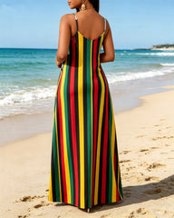 Reggae Color Stripes Color Blocking Print Halter Maxi Dress