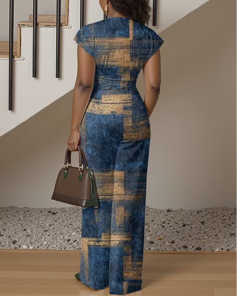 Tie-dye Denim Geometric Printing V-Neck Waist Straight Jumpsuit