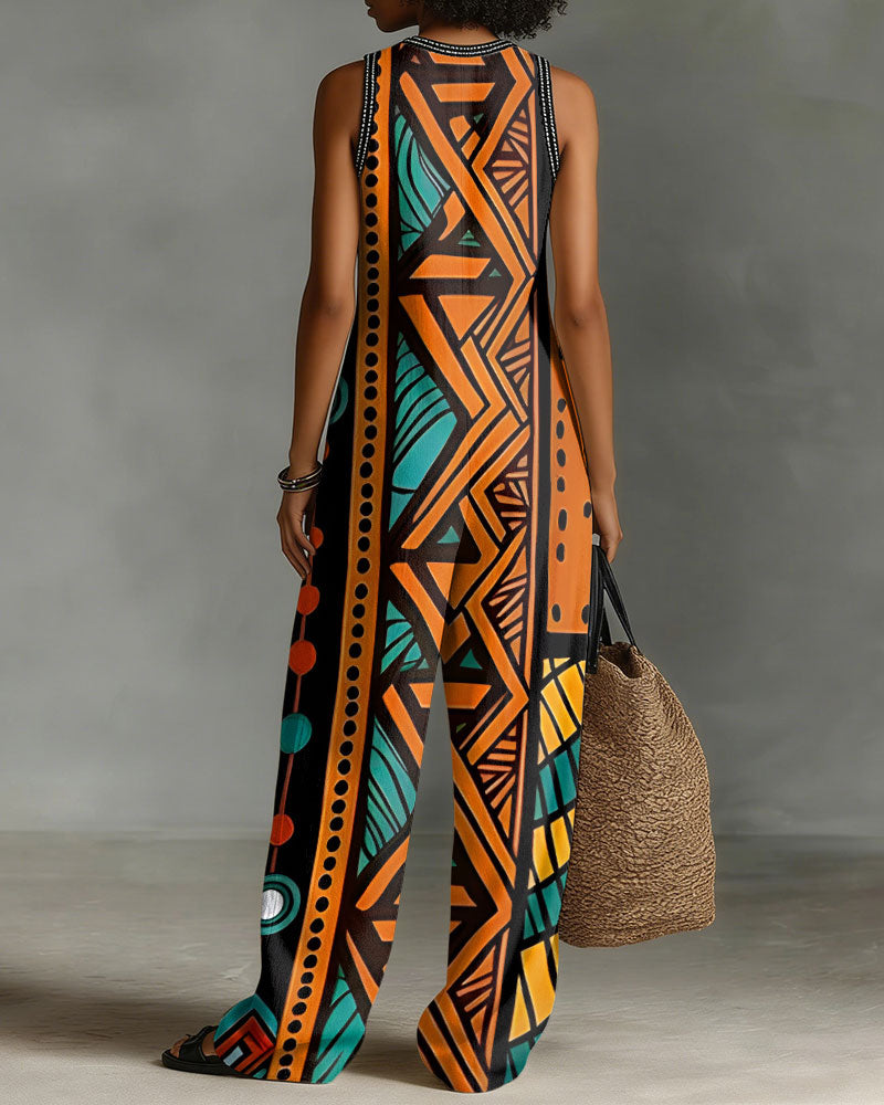 Classic Tribal Totems Linen Blend Sleeveless Jumpsuit With Zipper And Stand Collar