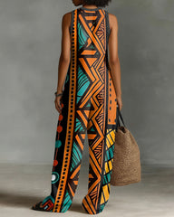 Classic Tribal Totems Linen Blend Sleeveless Jumpsuit With Zipper And Stand Collar